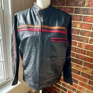 Creaciones Yolanda Black Leather Racing Stripes Moto Jacket Vintage Bikercore